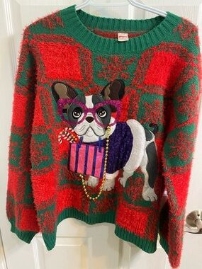 French Bulldog Frenchie Ugly Christmas Sweater Sequins Bling Beads Women Medium